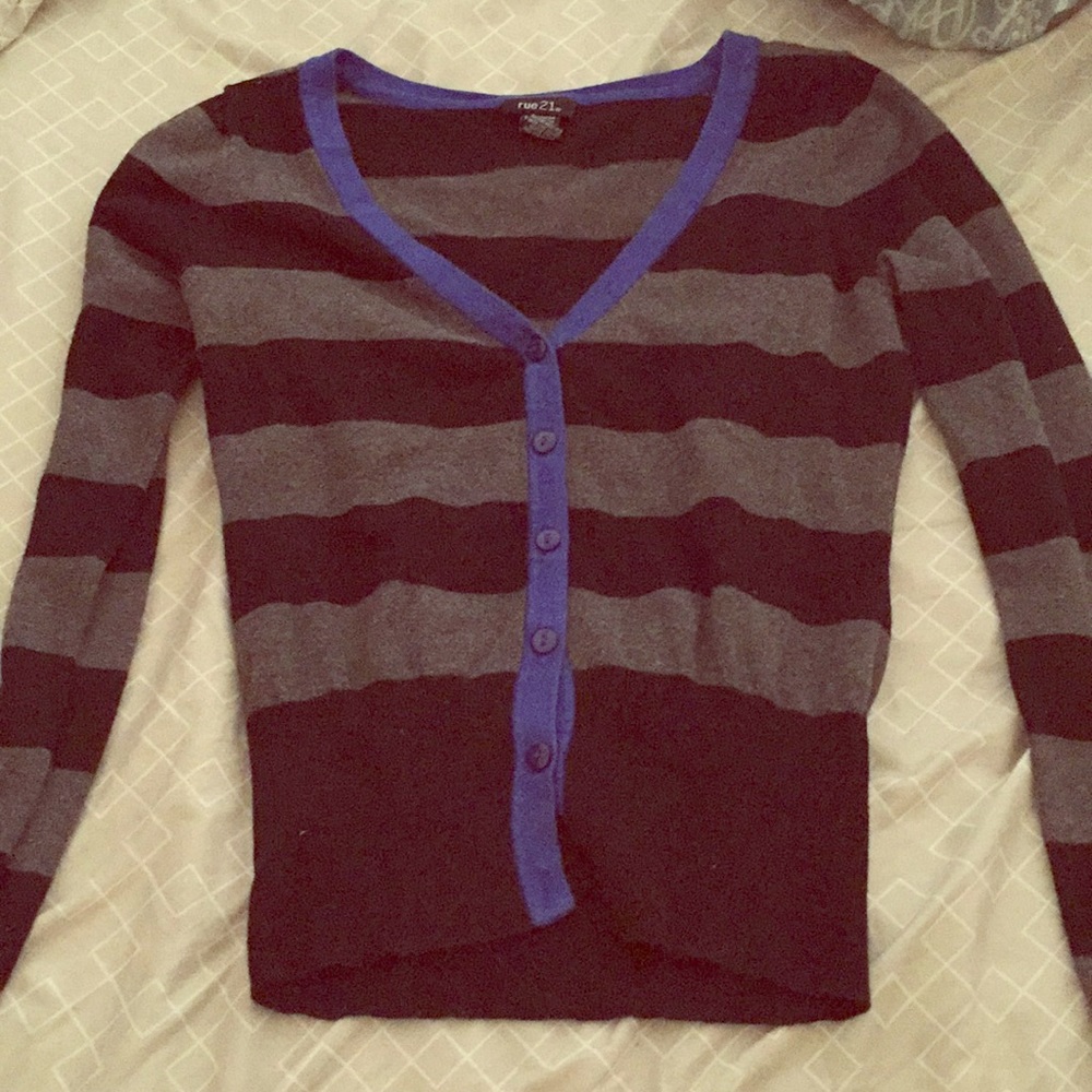 Rue21 Striped Gray/Black/Blue Sweater/Cardigan